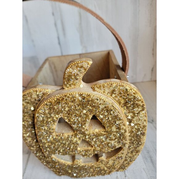 Unique sequin pumpkin bucket trick or treat Halloween wooden decor vintage - Picture 4 of 12